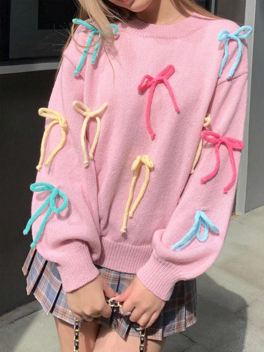 Damen Strickpullover mit verspielten Schleifenapplikationen und lässigem Schnitt R&B