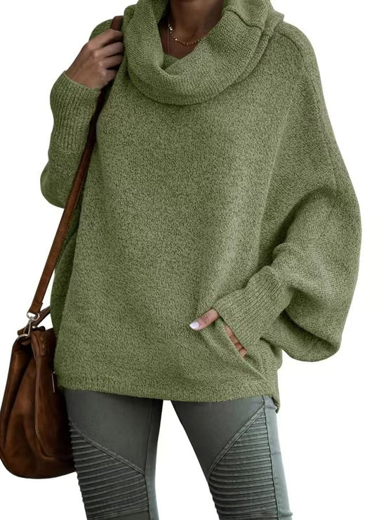 Damen lässiger Strickpullover mit weichem Stehkragen und weit geschnittenen Ärmeln R&B
