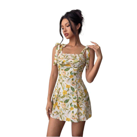 Damen Minikleid mit ärmellosen Bindeschultern und floralem Design R&B