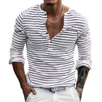 Herren Langarm-Henley-Shirt mit modischen Streifen und praktischen Knöpfen R&B