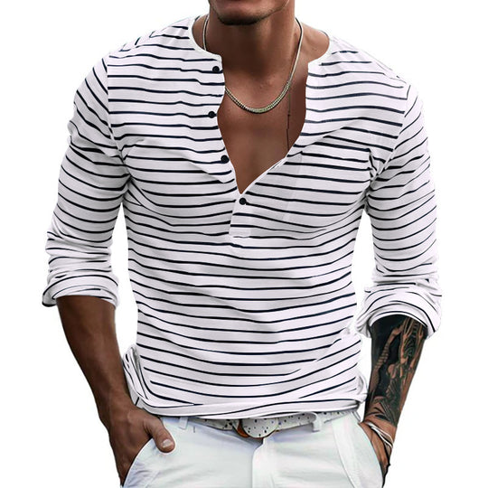 Herren Langarm-Henley-Shirt mit modischen Streifen und praktischen Knöpfen R&B