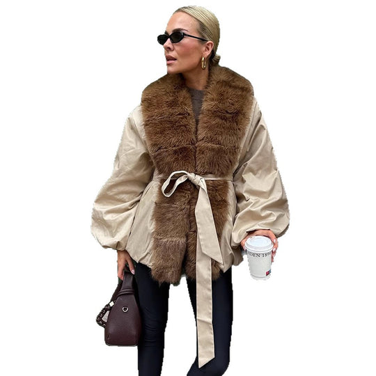 Damen modische Übergangsjacke mit voluminösen Ärmeln und luxuriösem Kunstpelzkragen R&B
