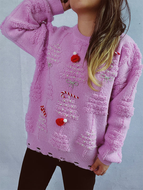 Damen festlicher Pullover mit kreativen Weihnachtsmotiven und strukturiertem Design R&B