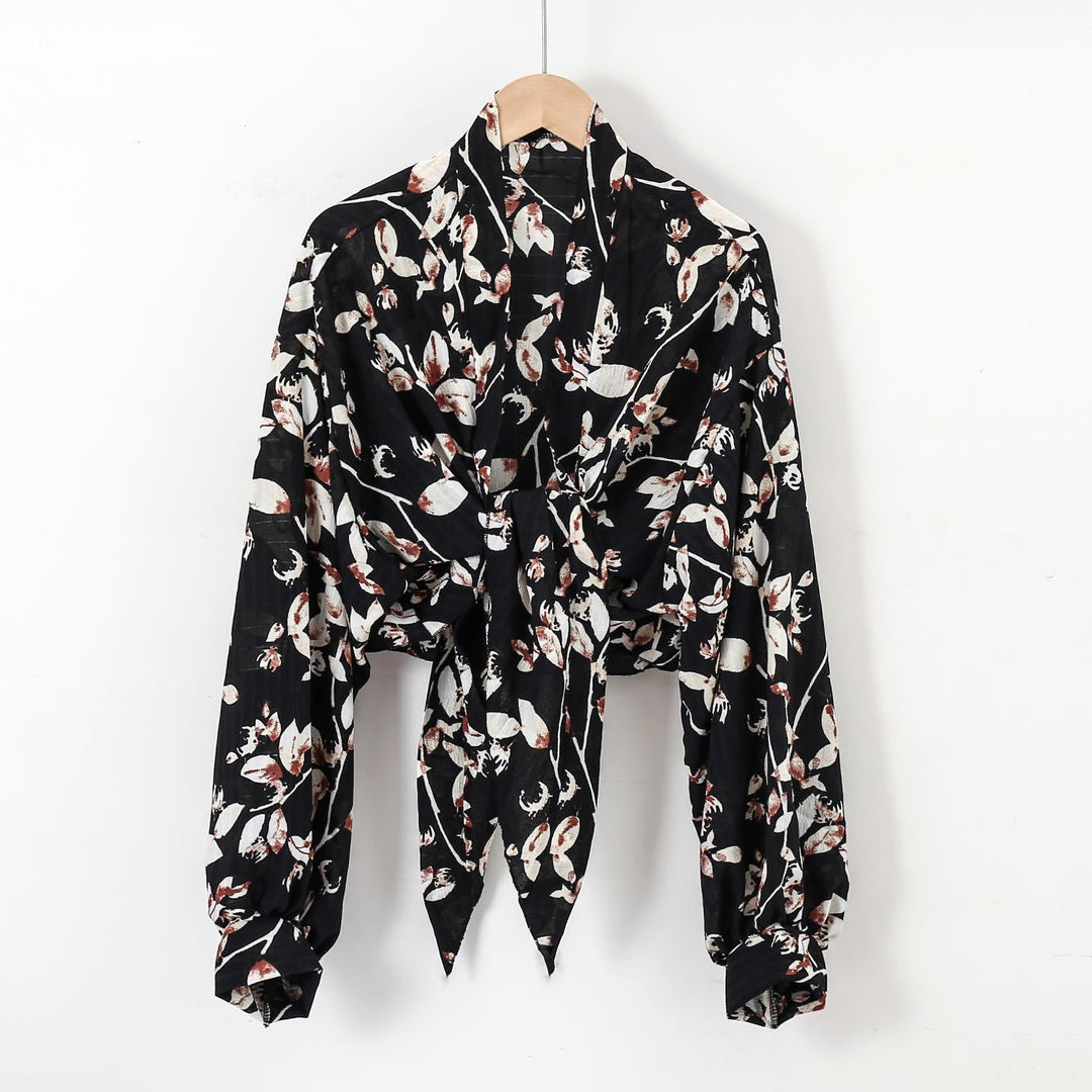 Damen nan florale Knoten-Bluse im Wickelstil mit Ballonärmeln und leichter Leinenoptik R&B