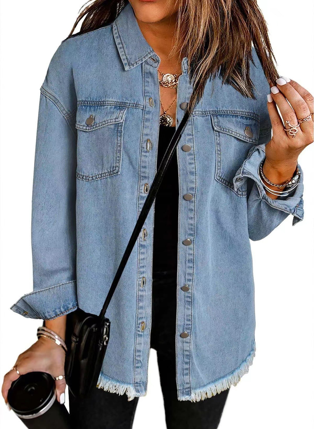 Damen lässiges Denim-Hemd mit fransigen Säumen und praktischen Brusttaschen R&B