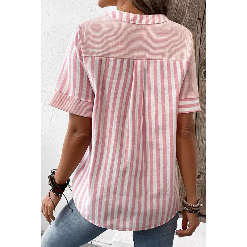 Damen Kurzarm Blusenshirt im gestreiften Design mit Knopfdetails R&B