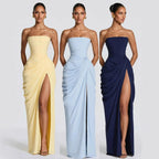 Damen Elegantes Bandeau Abendkleid mit Raffungen und Beinschlitz R&B