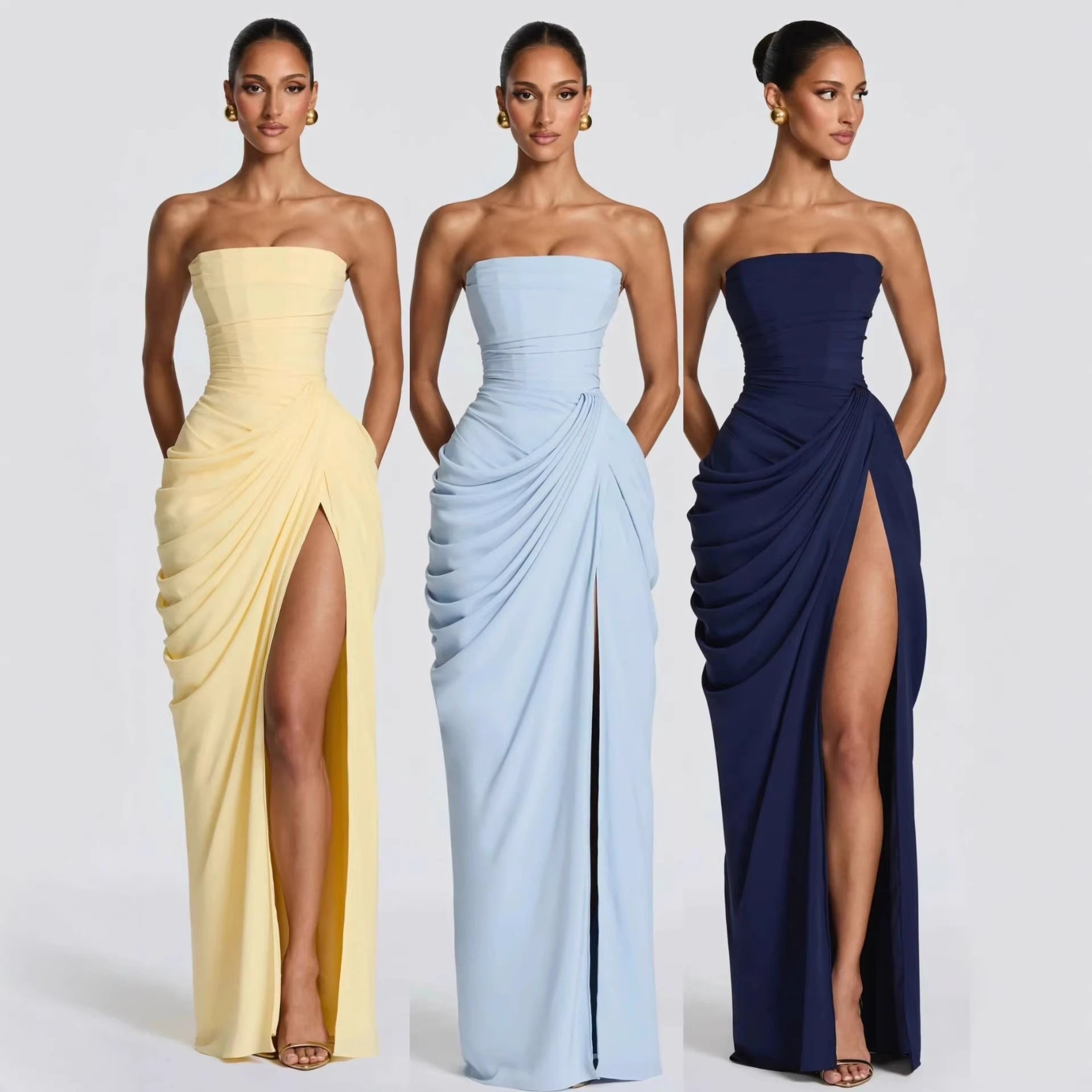 Damen Elegantes Bandeau Abendkleid mit Raffungen und Beinschlitz R&B