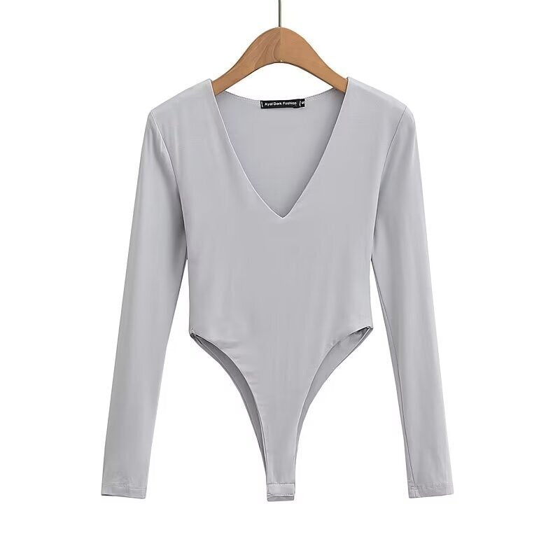 Damen figurbetontes Langarmbodysuit mit tiefem V-Ausschnitt R&B
