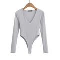 Damen figurbetontes Langarmbodysuit mit tiefem V-Ausschnitt