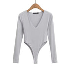 Damen figurbetontes Langarmbodysuit mit tiefem V-Ausschnitt