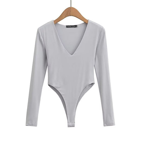 Damen figurbetontes Langarmbodysuit mit tiefem V-Ausschnitt R&B