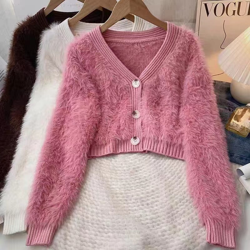 Damen Kuscheliger Cropped Cardigan mit Knopfleiste und weichem Teddy-Fell