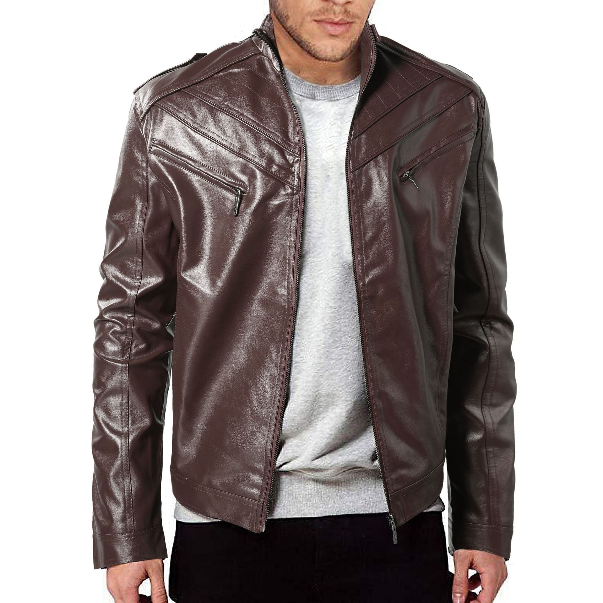 Herren Kunstleder Bikerjacke mit Steppdetails