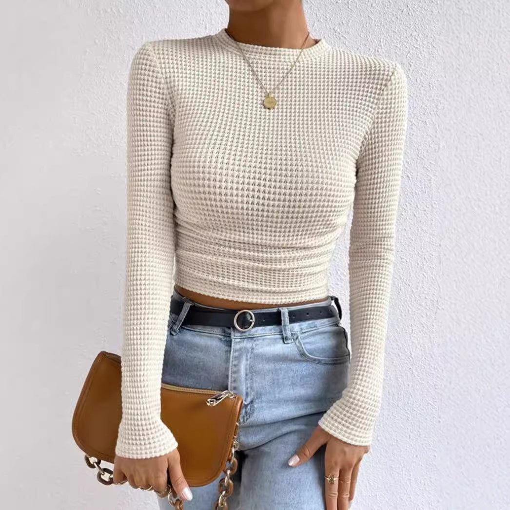 R&B | Langarm T Shirt Slim Passform Weicher Strukturstrick Rüschentasche Kurzes Modell