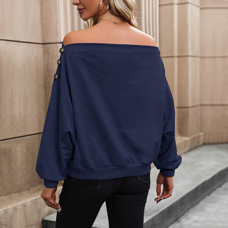 Damen lässiges Off-Shoulder Sweatshirt mit dekorativen Knöpfen R&B