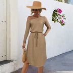 Damen lässiges Off-Shoulder Kleid mit elastischem Bund und langen Ärmeln R&B