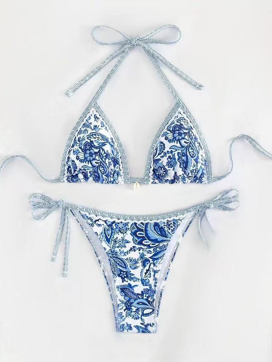 Damen Triangel-Bikini mit floralem Muster und verstellbaren Bindebändern R&B