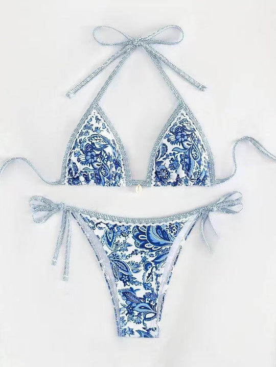 Damen Triangel-Bikini mit floralem Muster und verstellbaren Bindebändern R&B