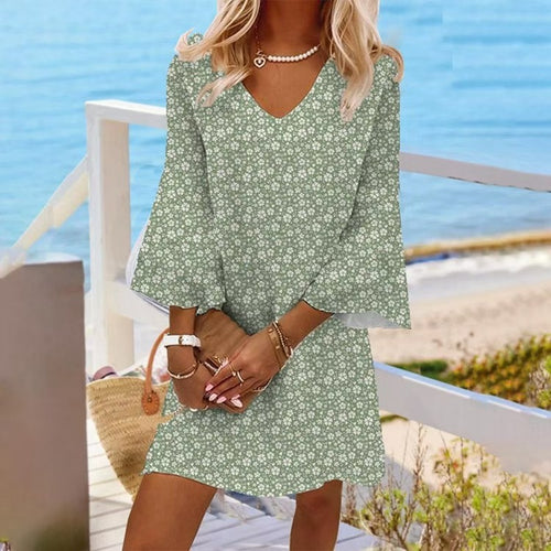 Damen nan leichtes florales V-Ausschnitt Minikleid mit Glockenärmeln und A-Linien-Schnitt R&B