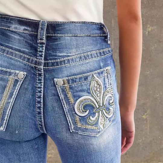 Damen Flared Jeans im Vintage-Stil mit hochgradigem Detail und raffinierten Stickereien R&B