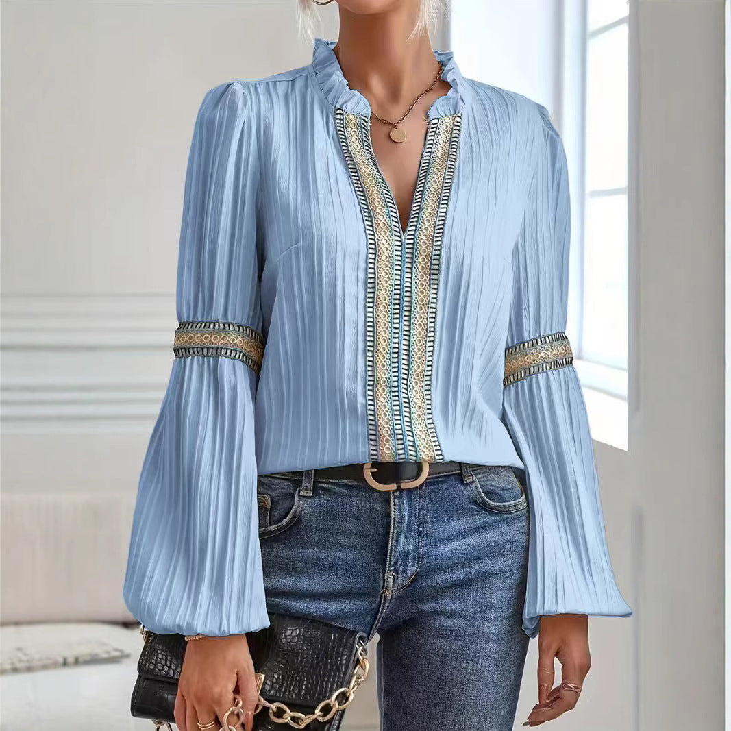Damen elegante Bluse mit Rüschendetails und Stickereien R&B
