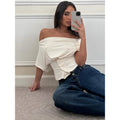 Damen Off-Shoulder Oberteil mit Knopfdetails R&B