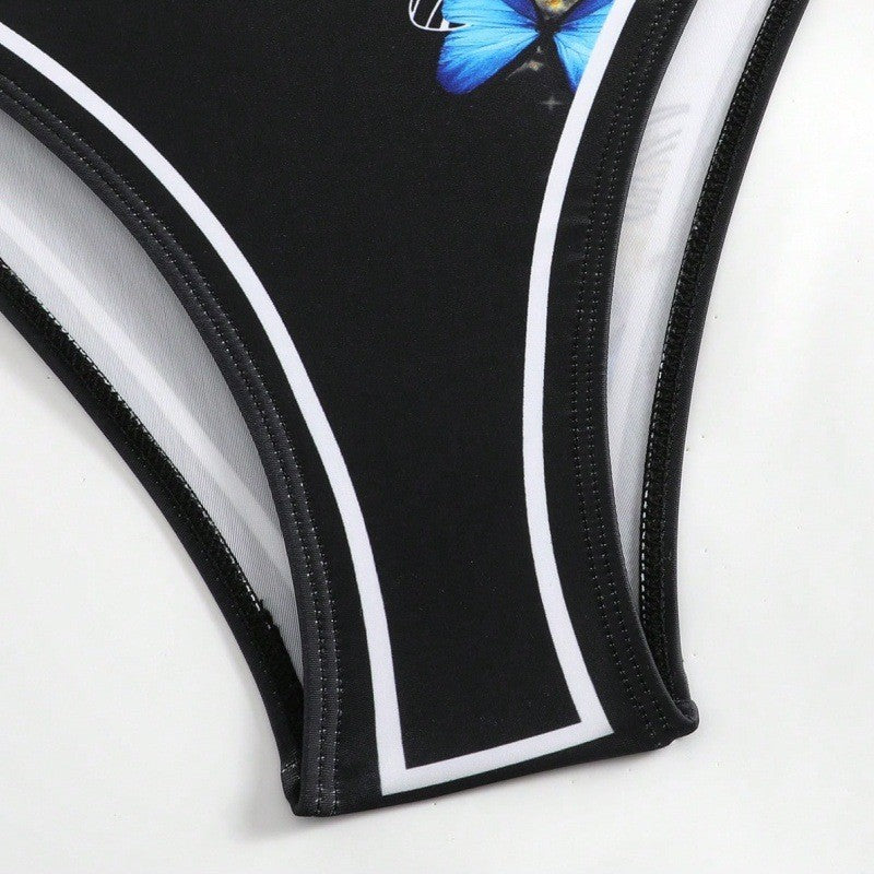 Damen Einteiler Badeanzug mit schickem Wickelrock und Butterfly-Motiv R&B