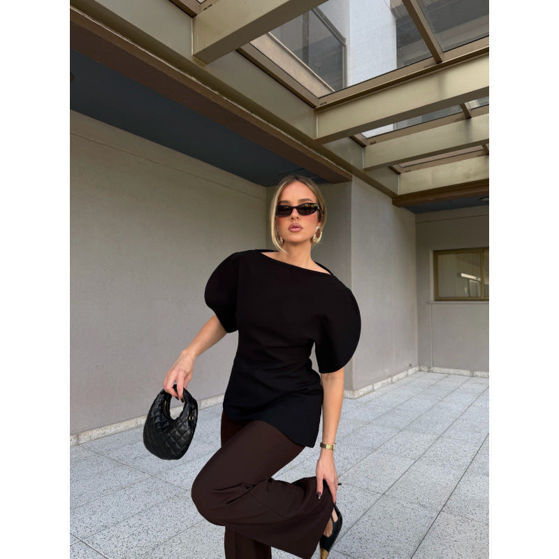 Damen Bluse mit voluminösen Puffärmeln und asymmetrischem Saum R&B