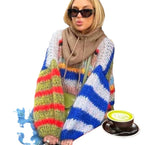 Damen Grobstrickpullover mit buntem Zopfmuster und weitem Schnitt R&B
