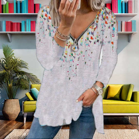 Damen Langarmshirt mit farbenfrohem Blütenmuster und modernem Zipper R&B