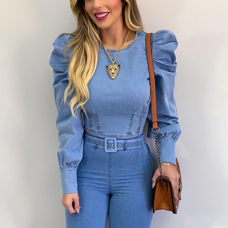 Damen Jeans-Overall mit Puffärmeln und taillierbarem Gürtel R&B