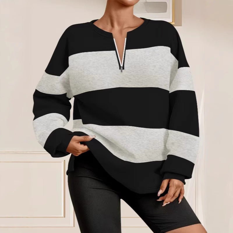 Damen Langarm Sweatshirt mit modernem Reißverschluss und gestreiftem Design R&B