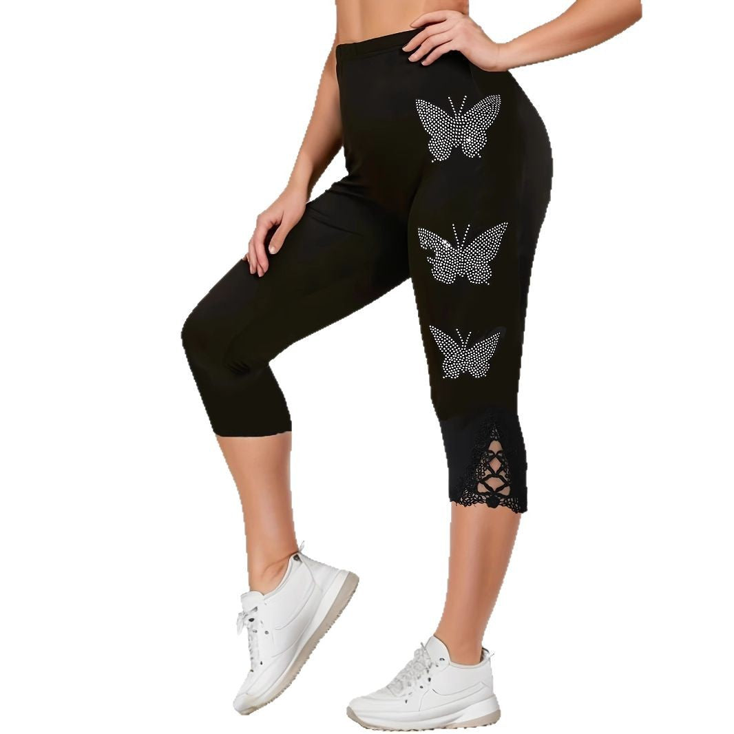 Damen Leggings mit verzierten Schmetterlings-Motiven und Spitze R&B
