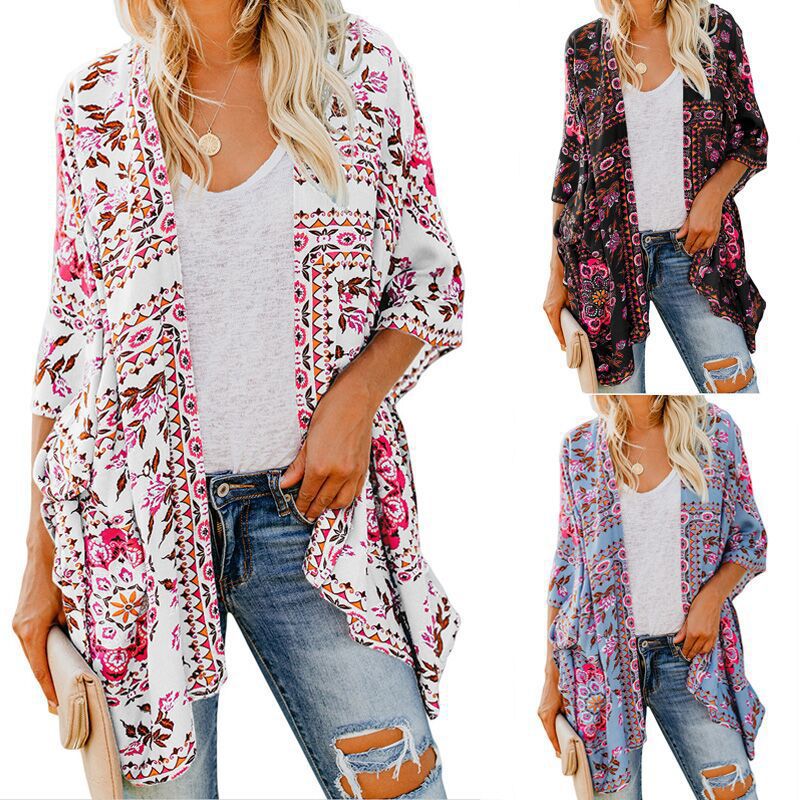 Damen luftiger Kimono mit floralem Muster und weitem Schnitt R&B