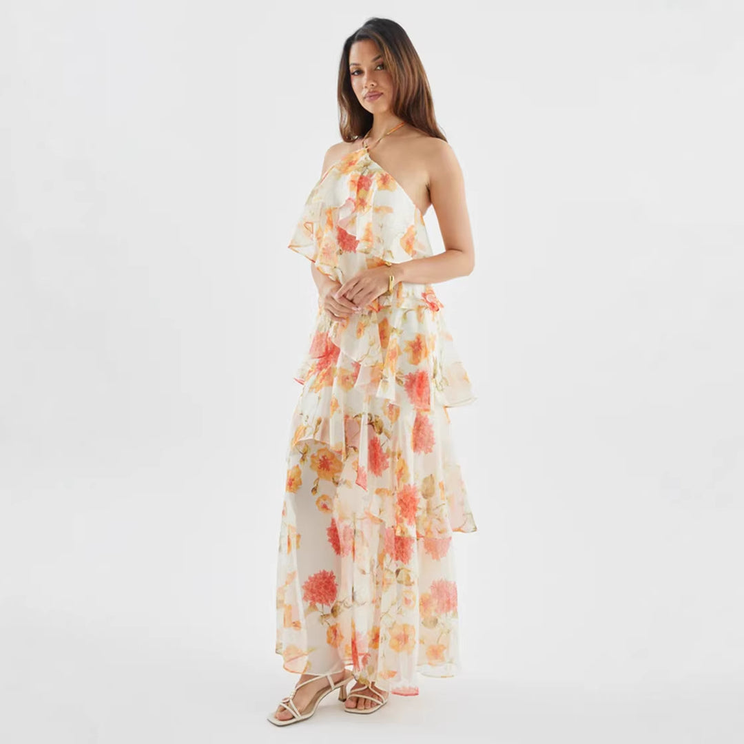 Damen Maxikleid mit schwingenden Volants und modernen Punkten R&B
