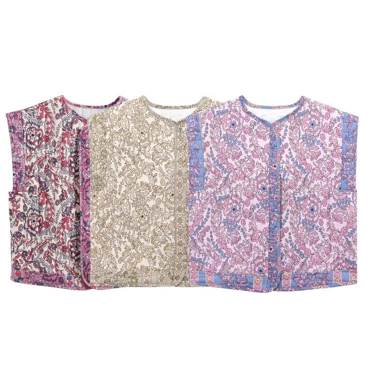 Damen Gesteppte Weste mit Floralem Design und Praktischen Taschen R&B