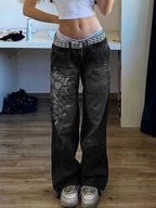 Damen Weit geschnittene Jeans mit einzigartigem Design und prominentem Druck R&B