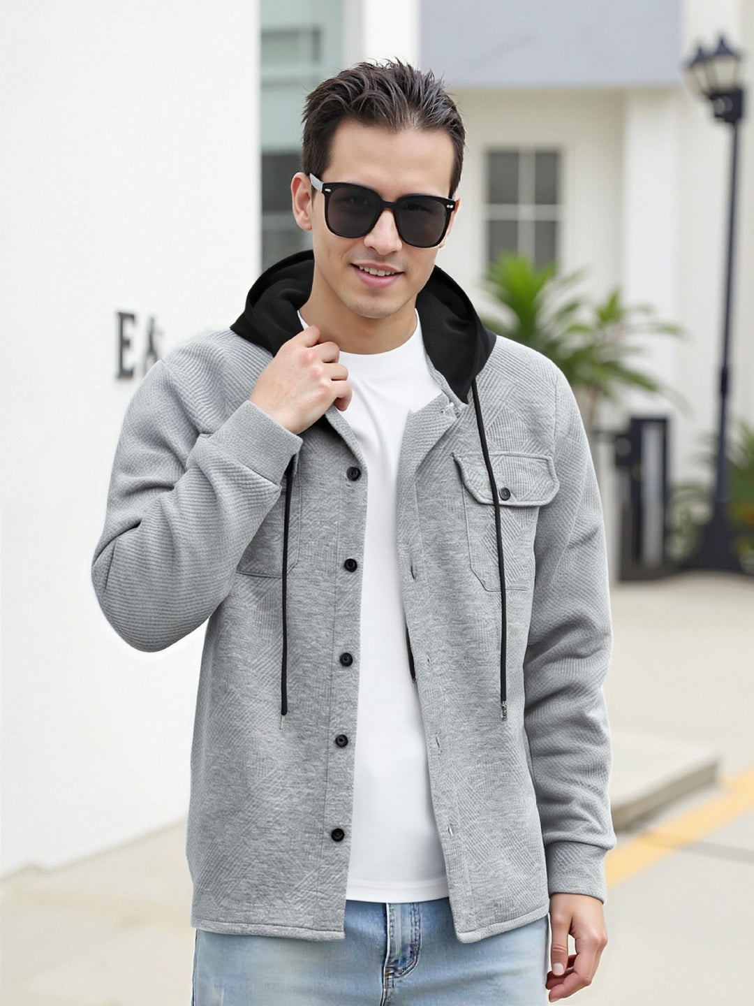 Herren modische Hybrid-Jacke mit abnehmbarer Kapuze und praktischen Taschen R&B