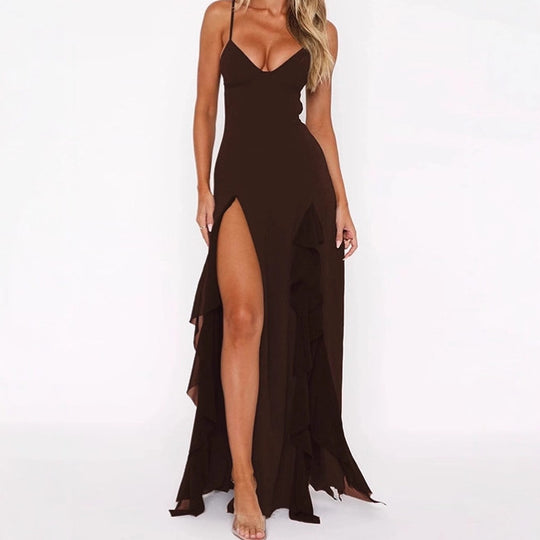 Damen Elegantes Maxikleid mit tiefem V-Ausschnitt und seitlichem Schlitz R&B