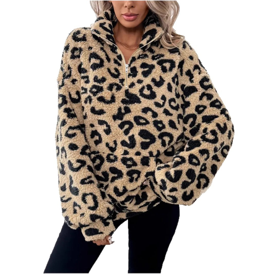 Damen Fleece-Pullover mit stylischem Leopardenmuster R&B