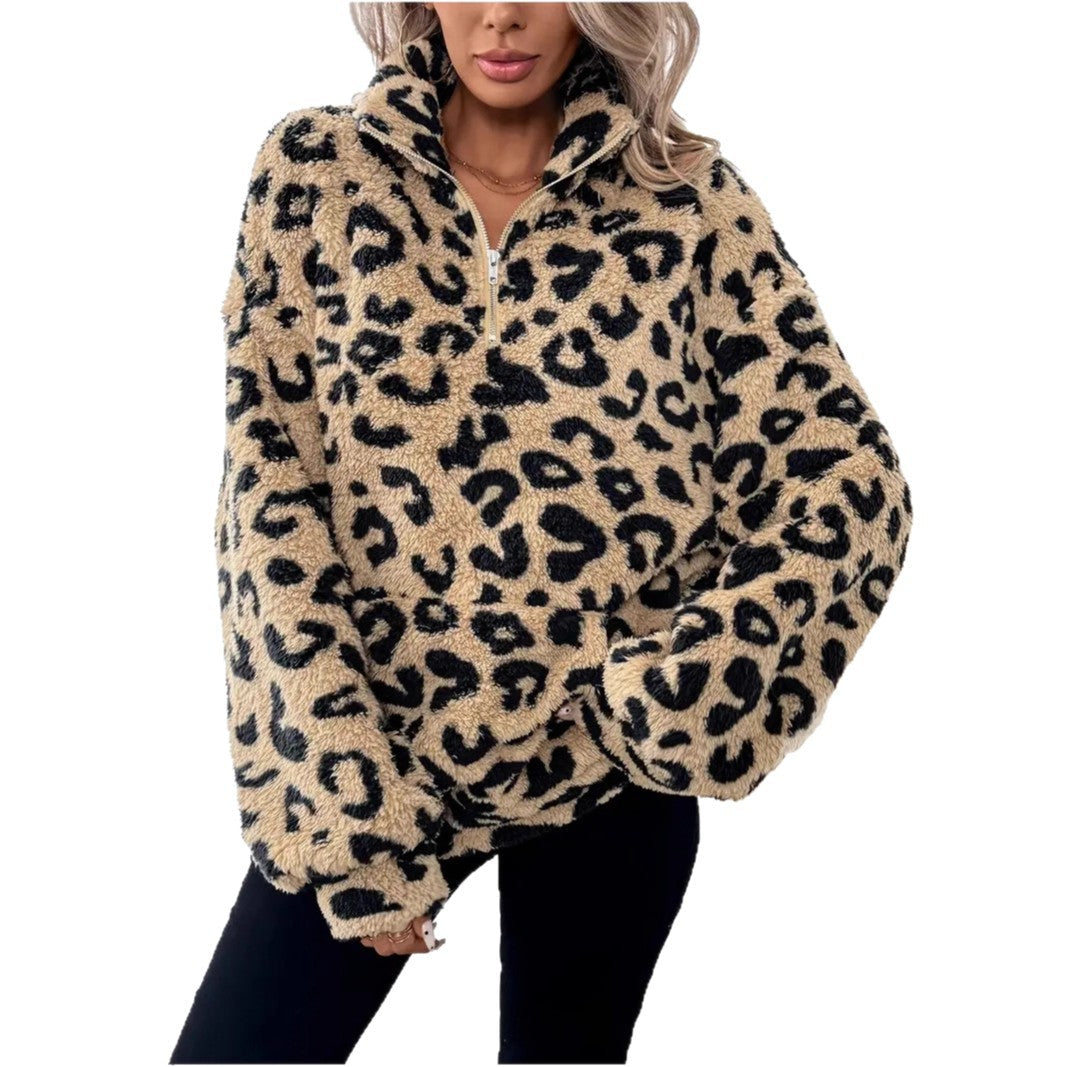 Damen Fleece-Pullover mit stylischem Leopardenmuster R&B