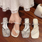 Damen elegante Sandalen mit strassbesetztem Riemen und floralen Applikationen EB