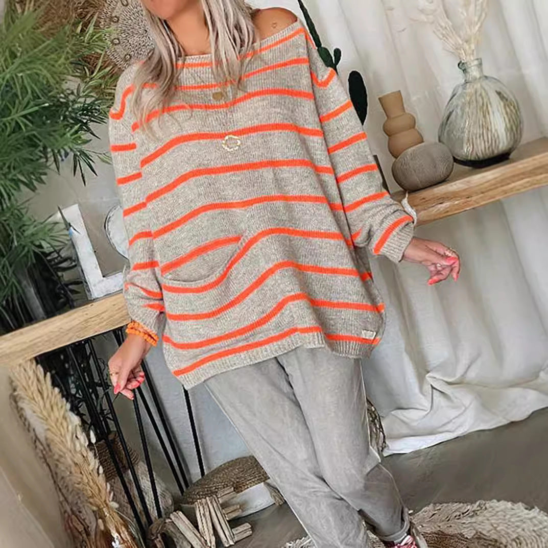 Damen lässiger Strickpullover mit elegantem Streifenmuster und praktischer Brusttasche R&B