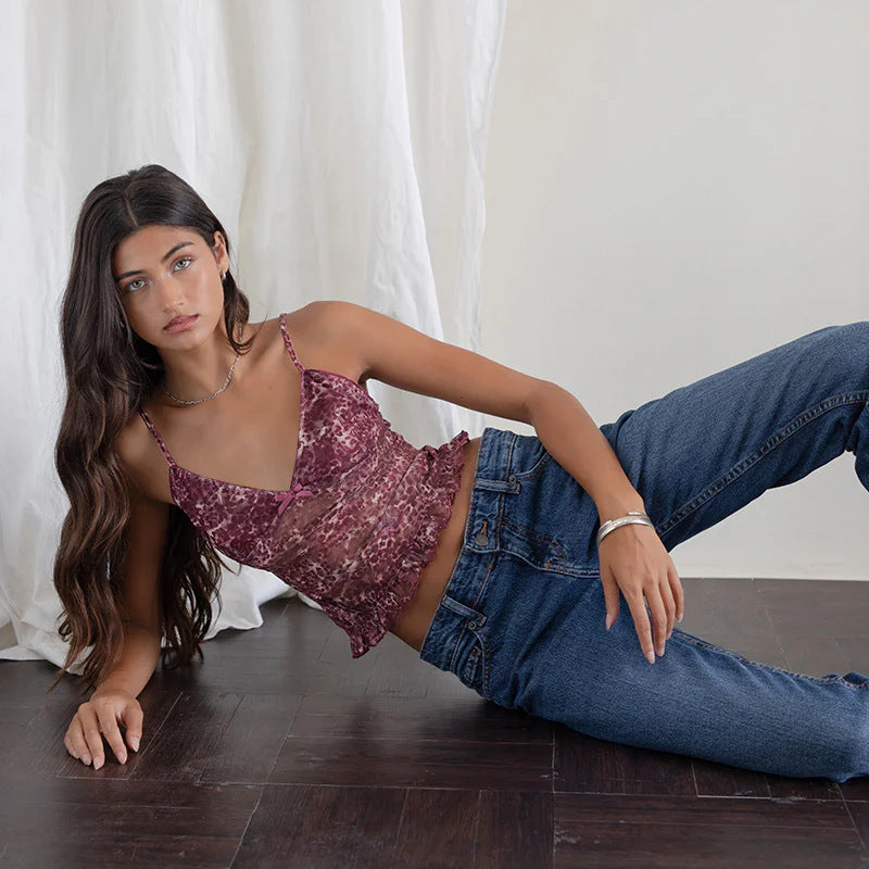 Damen Spaghetti-Träger-Top mit transparentem Obermaterial und Rüschendetail R&B