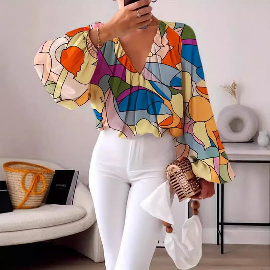 Damen Bluse mit V-Ausschnitt und modischem Grafikdesign R&B