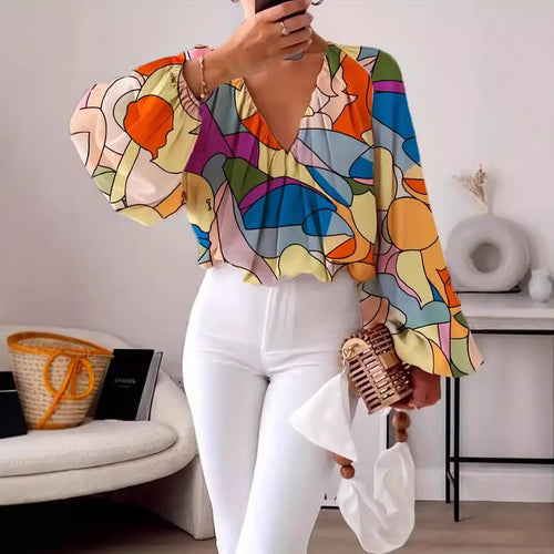 Damen Bluse mit V-Ausschnitt und modischem Grafikdesign R&B