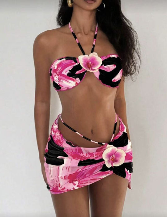 Damen Bikini-Set mit floralem Design und verspieltem Wickelrock R&B