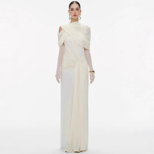 Damen elegantes Maxikleid mit innovativen Drapierungsdetails und asymmetrischem Oberteil R&B