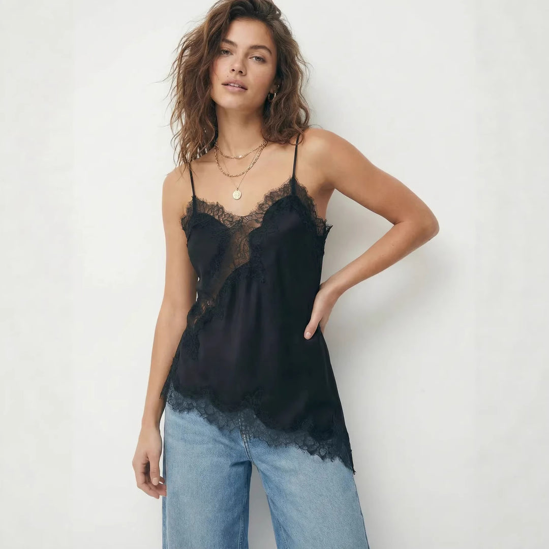 Damen Satin Top mit eleganter Spitze und Spaghettiträger R&B